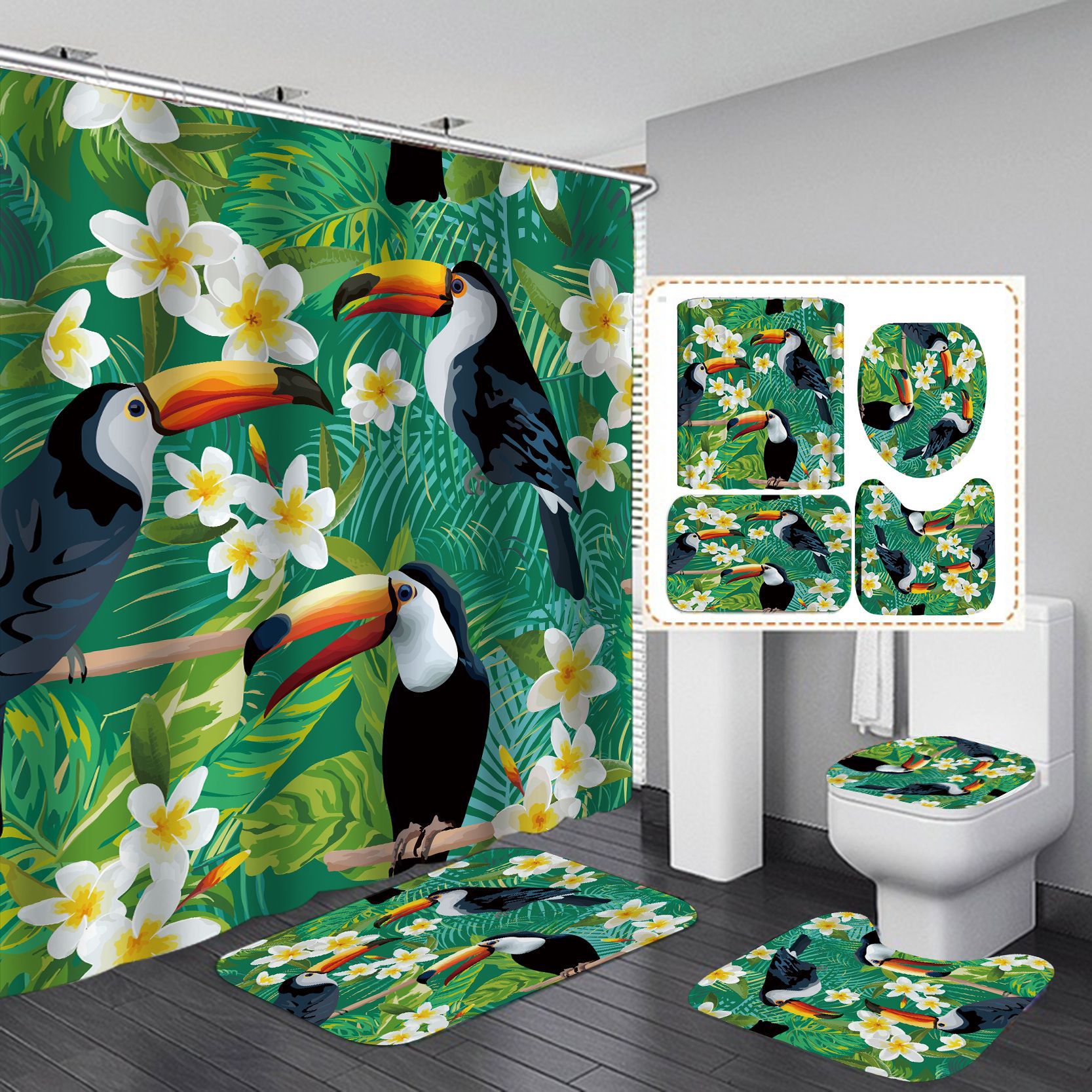 Suministro directo de cortinas de ducha de poliéster impresas con motivos de animales, pájaros y flores de Amazon, cortinas al por mayor del fabricante, cortinas impermeables para puertas