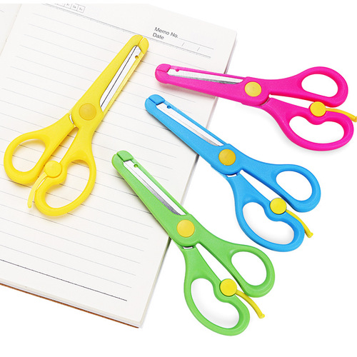 Children and students cut stationery, labor-saving elastic safety small scissors, plastic edge, infant round head handmade paper scissors
