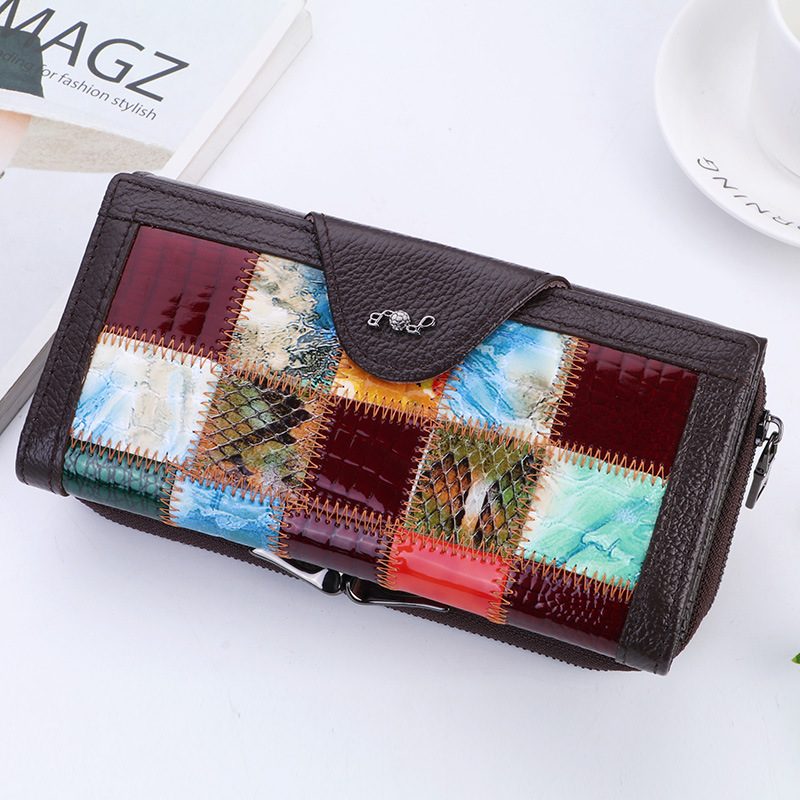Foreign Trade Genuine Leather Clutch Women's Cowhide Patchwork Long Wallet Mobile Phone Wallet Patchwork Iron Frame Wallet