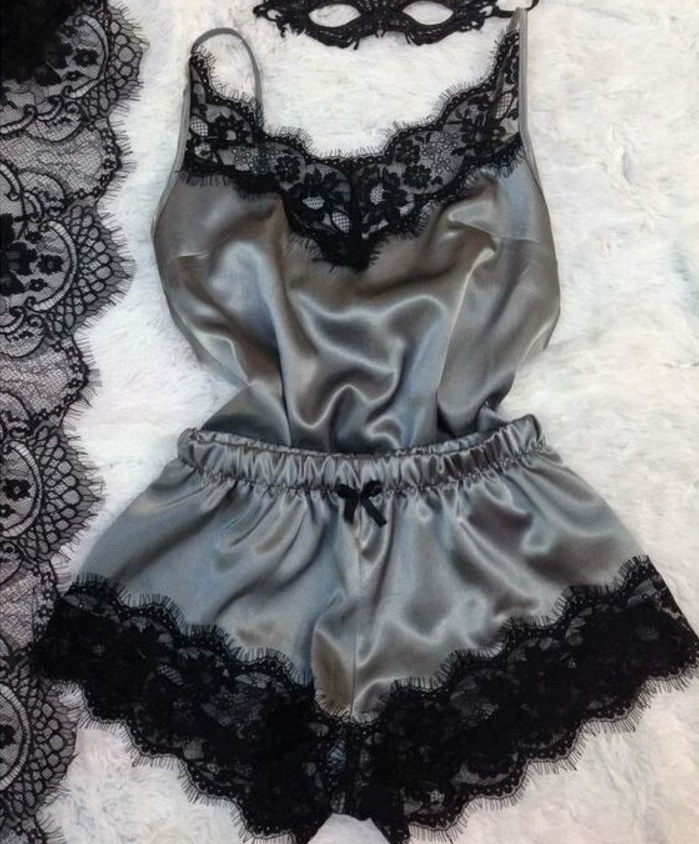 Lace Sexy Thin Pajama Set, Plus Size, Lift Effect, Spaghetti Straps