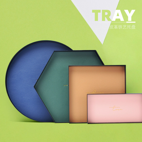 Morandi color tray geometric leather pad metal iron storage tray Nordic cosmetics sundry storage and organization