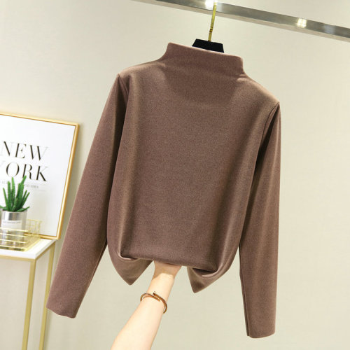 Women's Semi-High Collar Double-Sided Fleece Lining T-Shirt for Autumn/Winter, Thick Long-Sleeve T-Shirt with Warmth