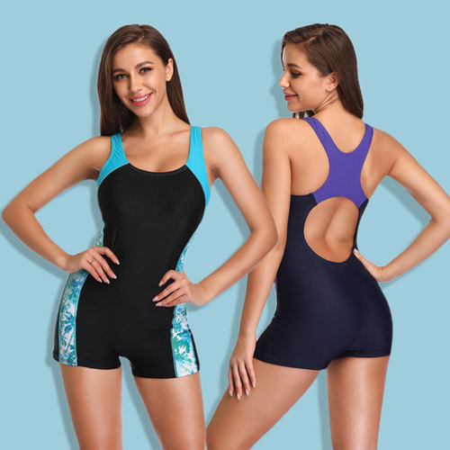 One-piece swimsuit European and American sexy swimsuit women's conservative patchwork sports brief one-piece swimsuit