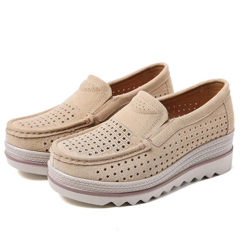 Zapatos de mujer de estilo británico 2019 verano y otoño plataforma de cuña hueca piel de vaca zapatos de mujer talla grande mamá slip-on zapatos de balanceo