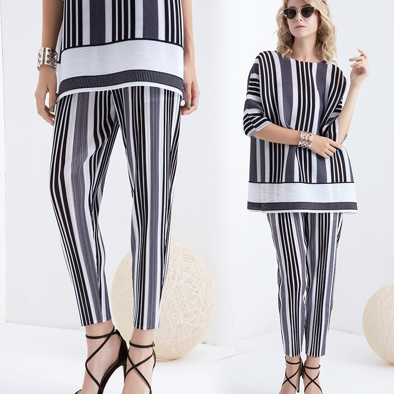 条纹印花三宅萝卜裤女夏季韩版休闲宽腿小脚锥型裤褶皱九分裤清货