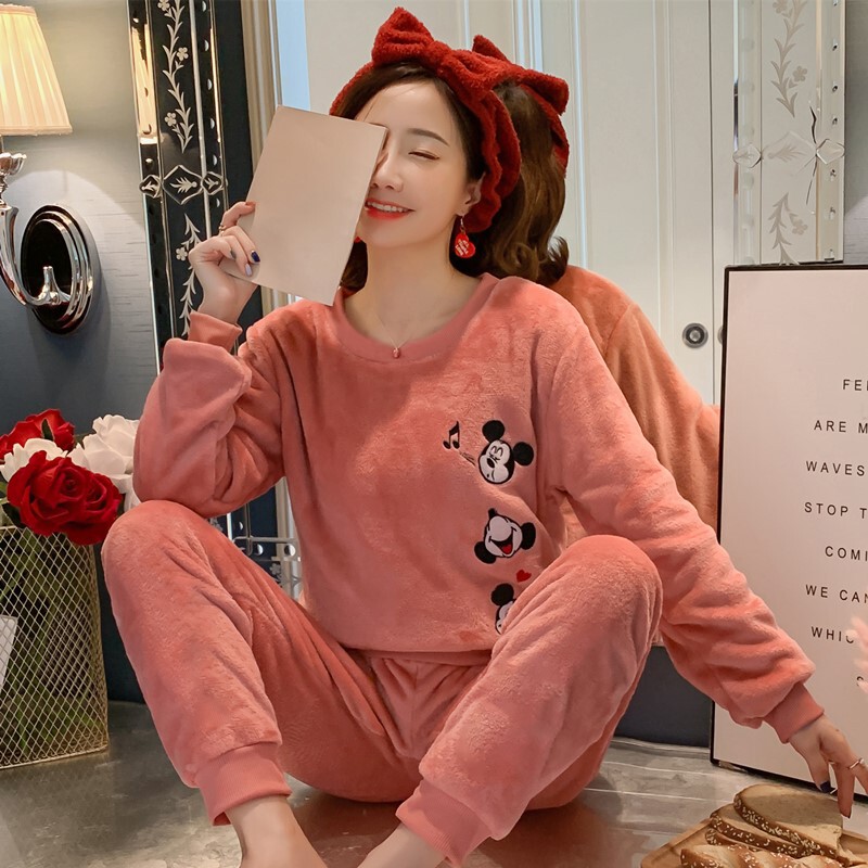 Pajamas Women's Autumn and Winter Thickened Fleece-Lined Flannel Suit Home Clothes Warm Coral Fleece Korean Style Cartoon Student Cute