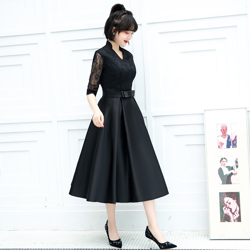 Vestido de Noche para Mujer, Estilo Banquete, 2025, Nuevo, Negro, Midi, para Estudiantes, Informal