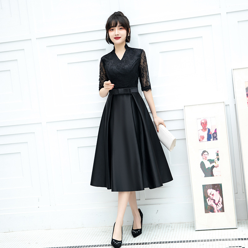 Vestido de Noche para Mujer, Estilo Banquete, 2025, Nuevo, Negro, Midi, para Estudiantes, Informal