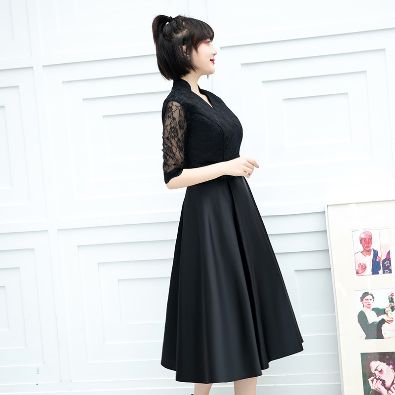 Vestido de Noche para Mujer, Estilo Banquete, 2025, Nuevo, Negro, Midi, para Estudiantes, Informal