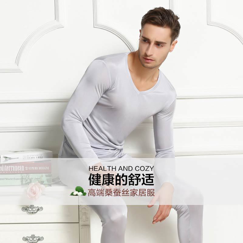 Tangge Mulberry Silk Men's Solid Color Silk Double-Sided Knitted Thermal Underwear suit Autumn Clothes and Pants