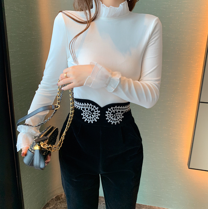 Quần nhung nữ cạp cao họa tiết thêu ống skinny — Màu đen