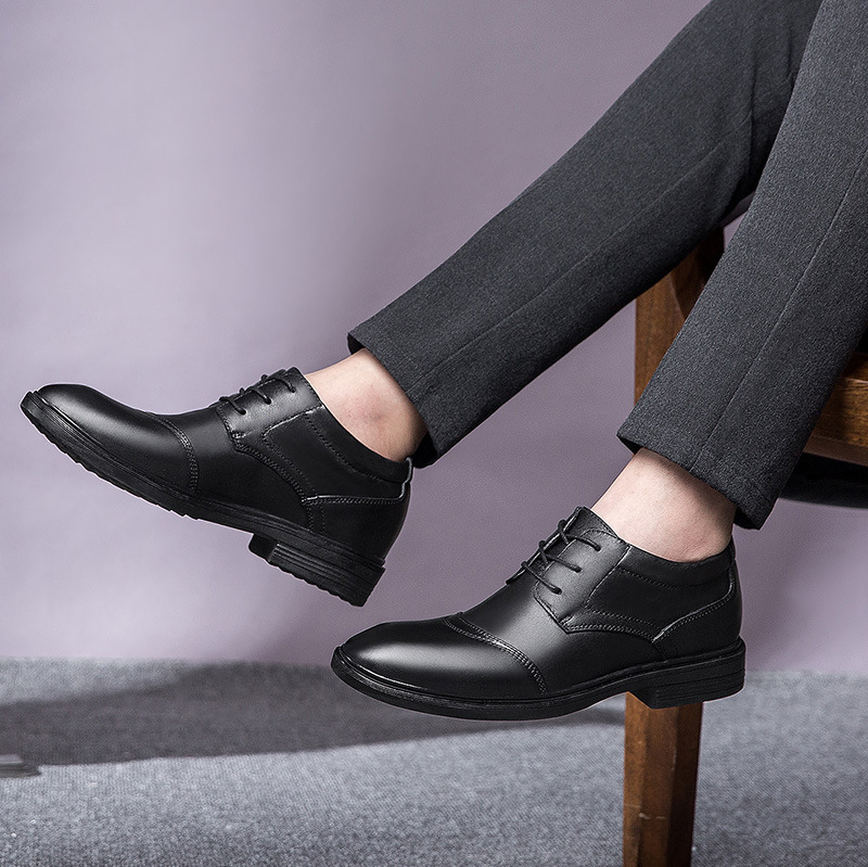 Men's Shoes Inner Height Increase Dress Lace-up Workplace Tooling Leather Shoes Round Head Shallow Mouth Shoes_voghion.com