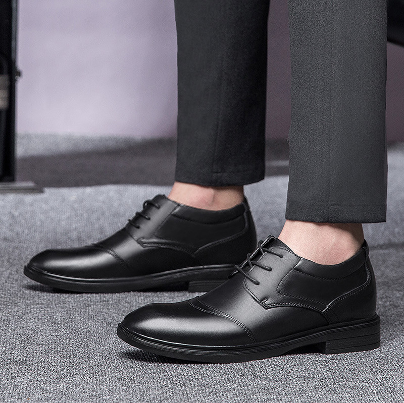 Men's Shoes Inner Height Increase Dress Lace-up Workplace Tooling Leather Shoes Round Head Shallow Mouth Shoes_voghion.com