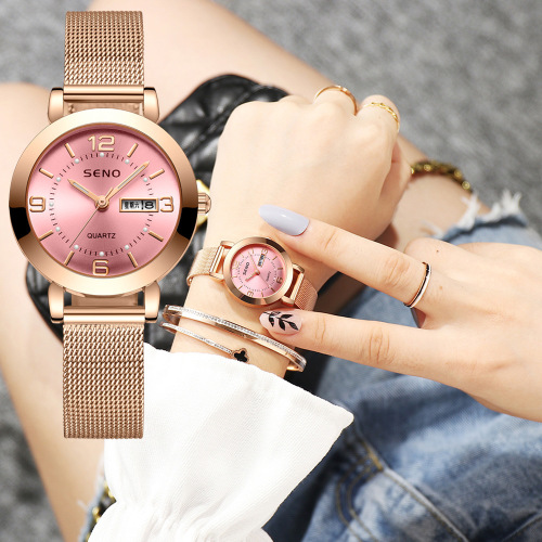 Drop shipping women's quartz watch non-mechanical Milan watch luminous waterproof dual calendar female student alloy watch