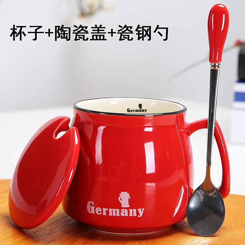咖啡杯 带盖带勺早餐杯 色釉马克杯logo 创意zakka牛奶杯