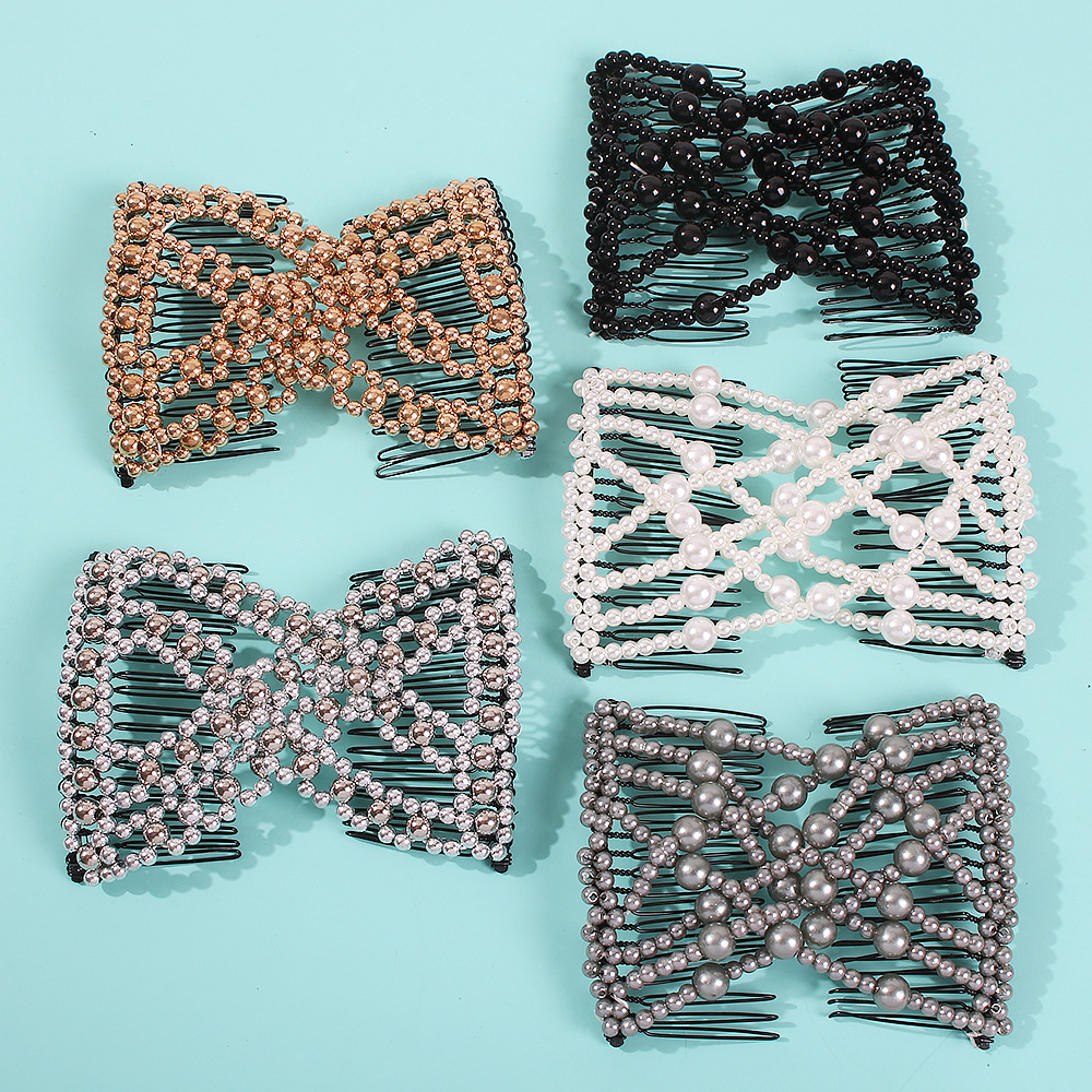 F1322 europeo y americano creativo elástico insertar peine magia updo artefacto transfronterizo variedad peine de pelo perla arco horquilla