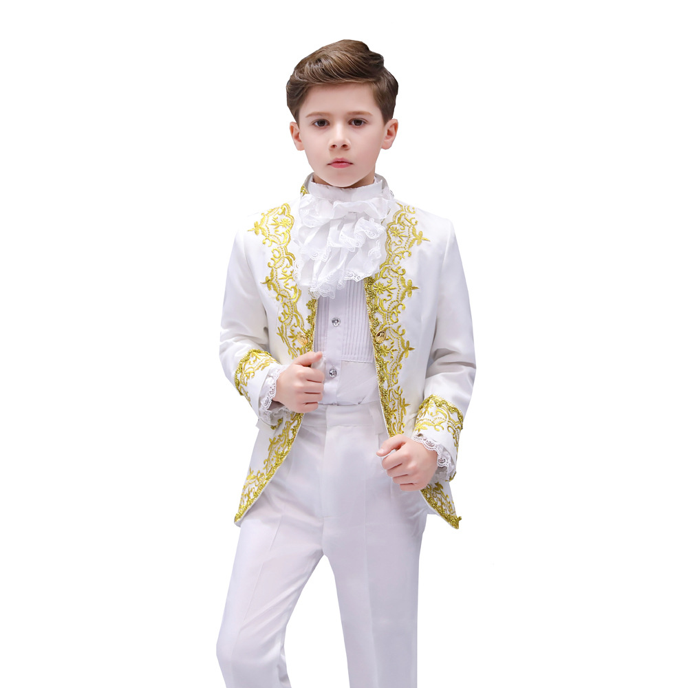 thumbnail image 5 of Traje de teatro de corte para niños y niños con vestido de actuación de príncipe azul en el escenario con flores doradas, 5 of 5