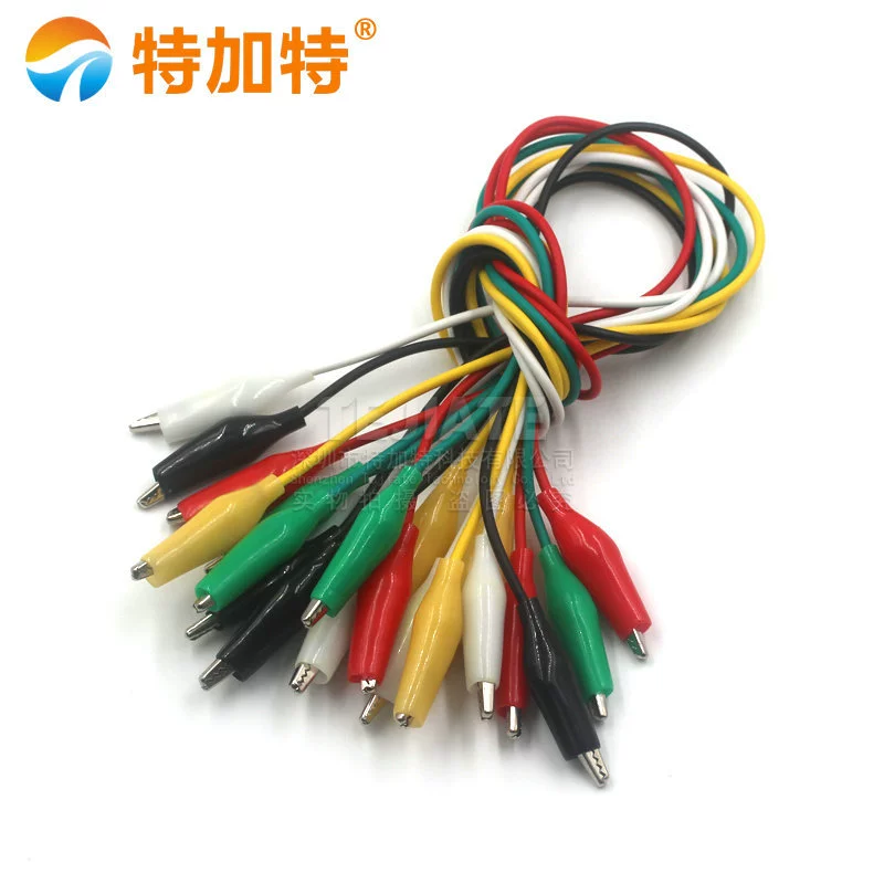 Two‑headed crocodile clip test leads, 10 pcs, medium clips, 5 colors, 50 cm
