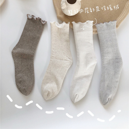  Autumn/Winter Warm Fleece Snow Socks for Women, Thick Cotton Feel Crew Socks, Christmas Socks, Japanese Plain Color Pile Socks
