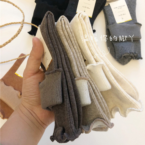  Autumn/Winter Warm Fleece Snow Socks for Women, Thick Cotton Feel Crew Socks, Christmas Socks, Japanese Plain Color Pile Socks
