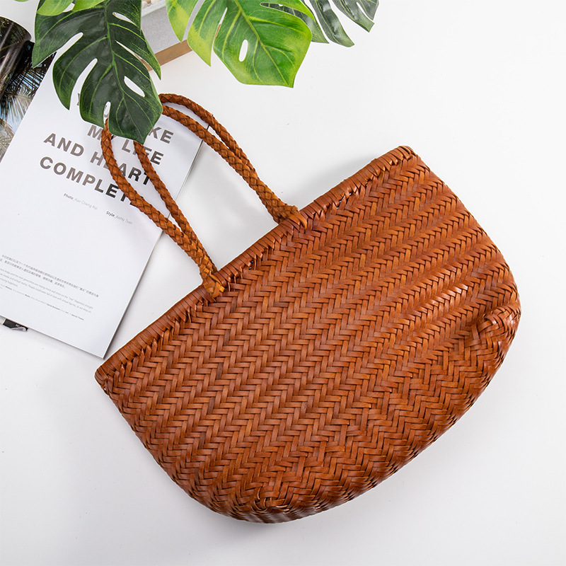 Vintage Ins-Style European and American Genuine Leather Woven Bag, Handmade Herringbone Weave Handbag, Summer Beach Vacation Shoulder Bag