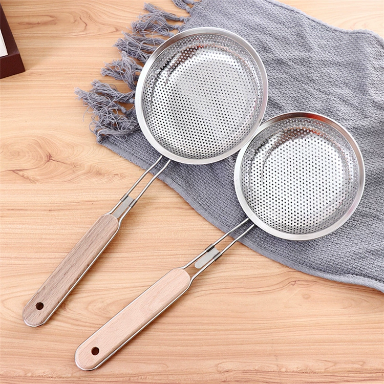 Stainless steel filter spoon multi -function wooden handle oil grid fried large -gum -gum -gum kitchen tool manufacturer approves network leakage