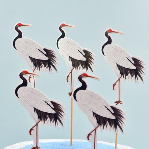 Factory new arrival flag-style wholesale birthday cake decoration insert card for baking cakes, scene insert card with crane design, two options available.