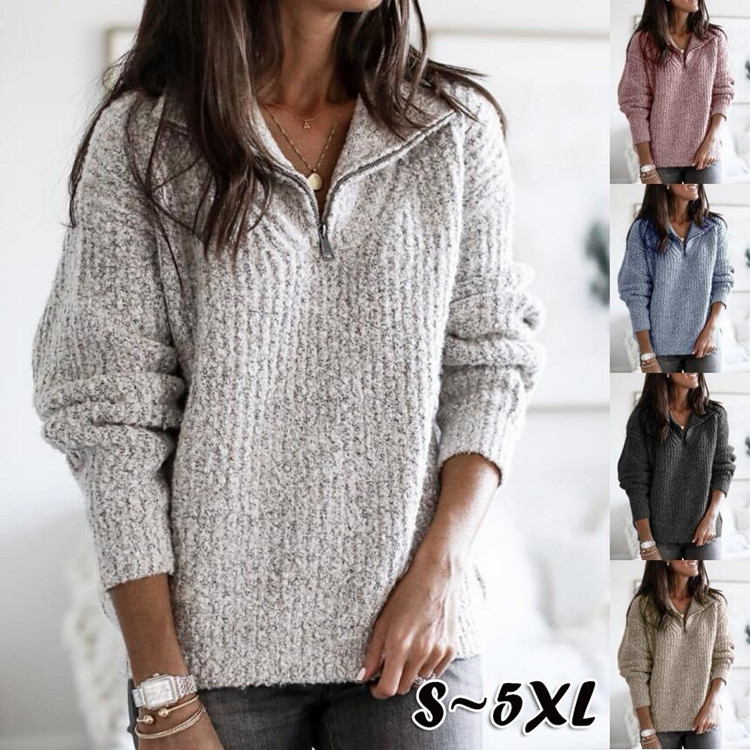 Autumn And Winter Zipper Pullover Long-Sleeved Knitted Sweater Sweater Coat For Women_ecoleips.com