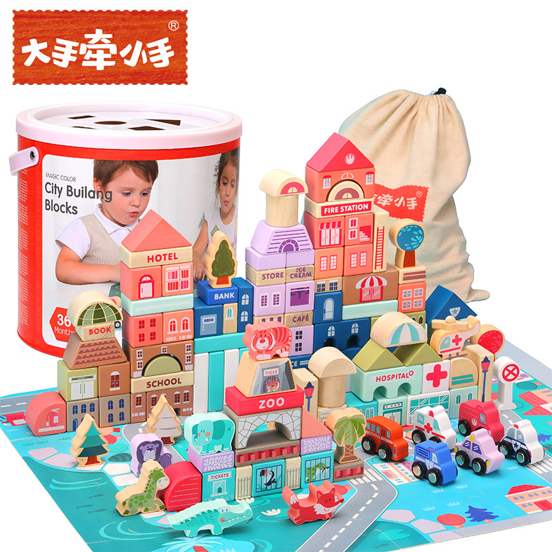 Bloques de construcción iluminación juguetes educativos de madera 115 piezas macarons ciudad escena barril gran partícula animal bloques de construcción