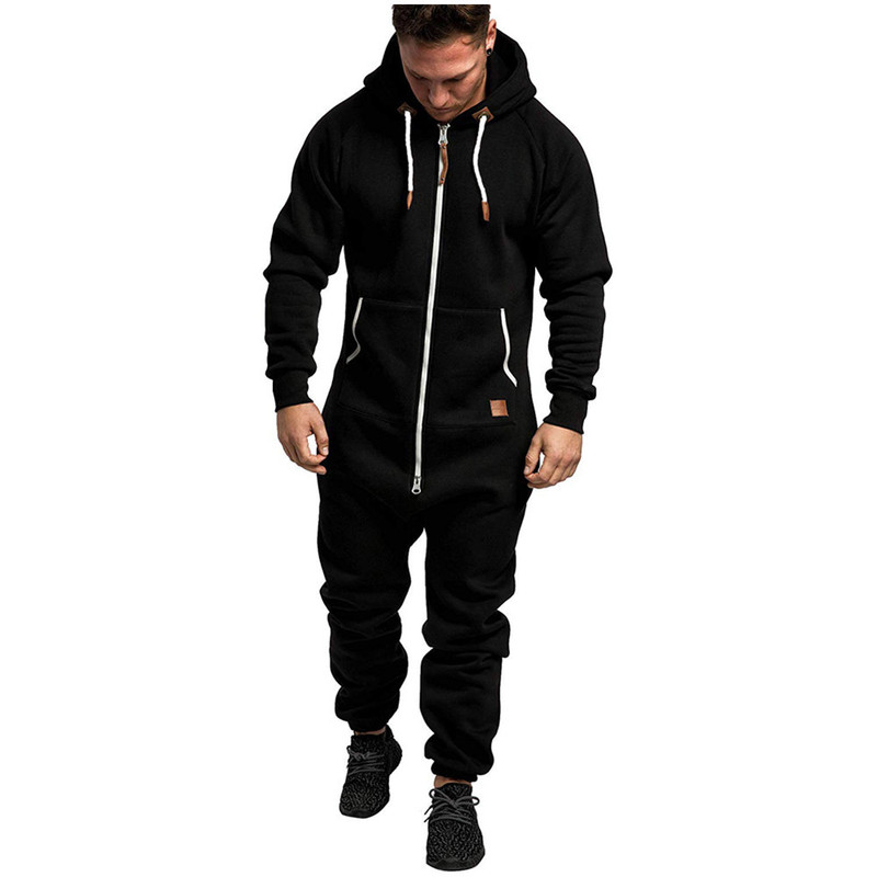 Winter New Foreign Trade Men's Hooded Fleece Jumpsuit Solid Color Color Matching Casual Suit for Men