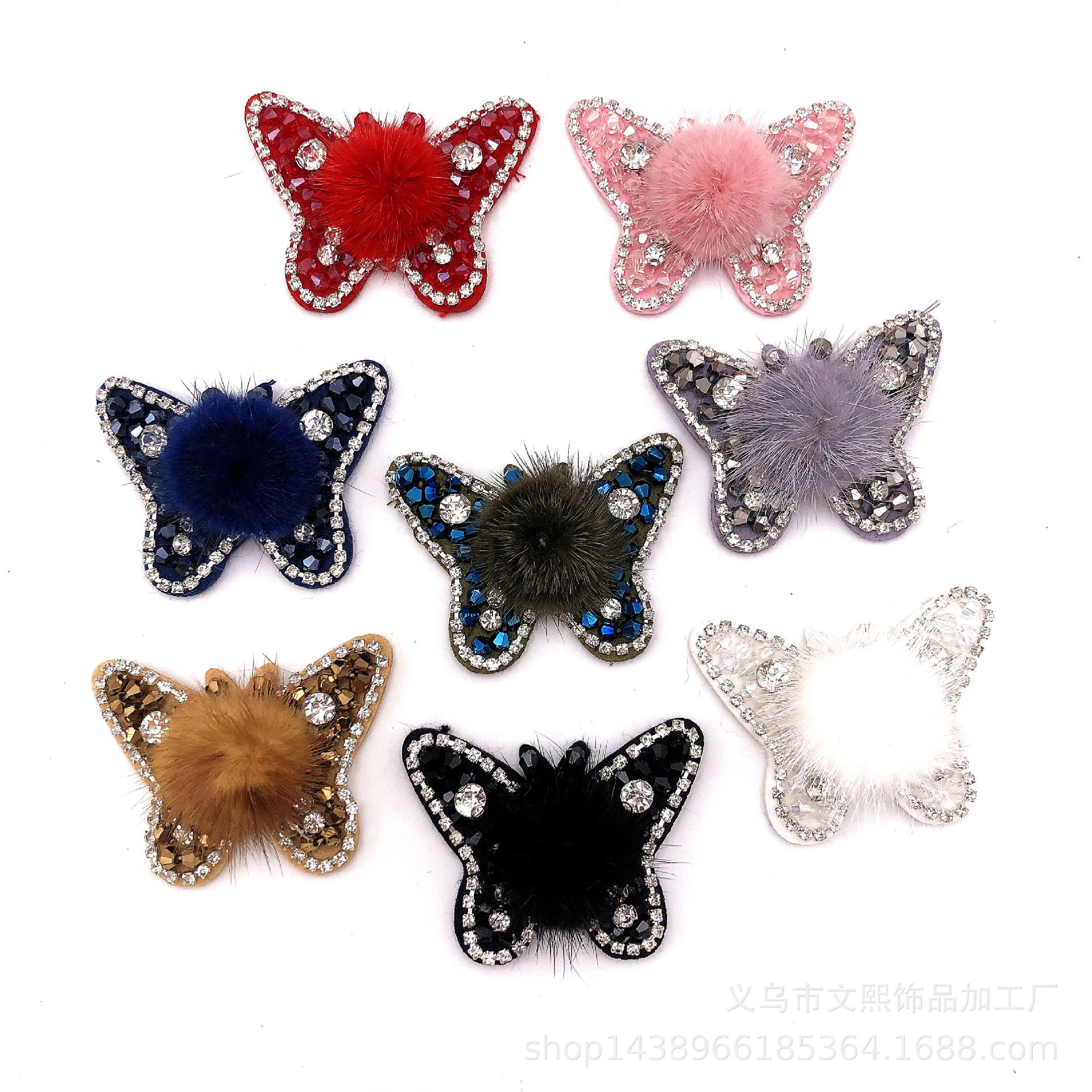 新款卡通钉珠时尚毛毛水晶蝴蝶布贴服装头饰辅料DIY配件