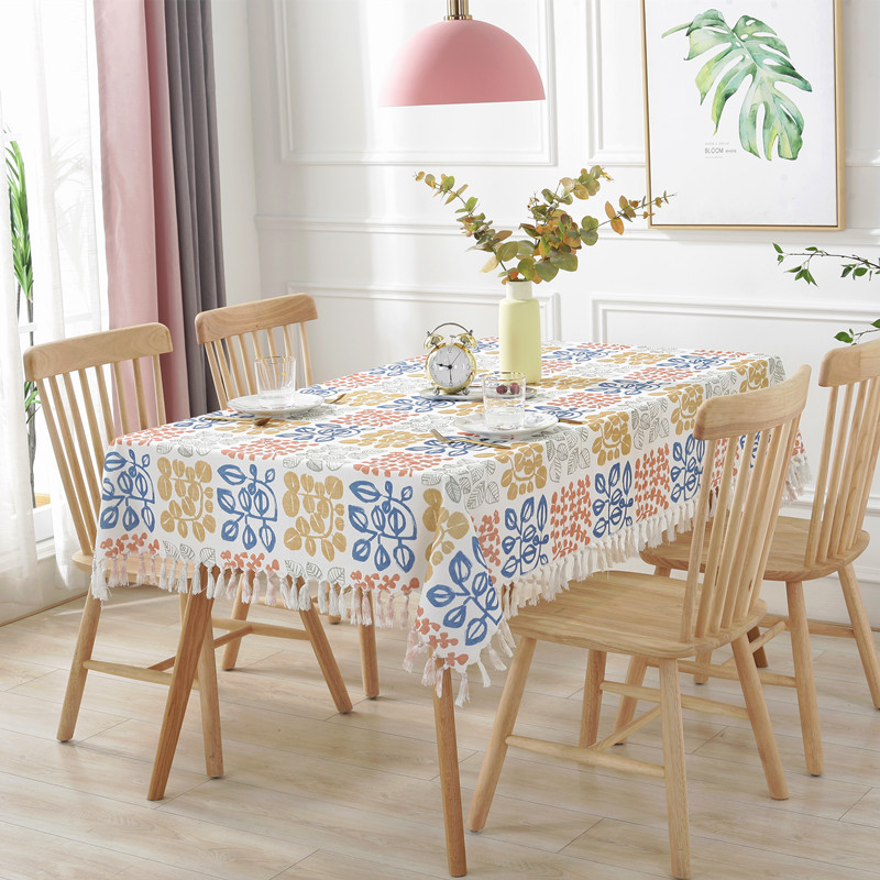 Cross-border New American Country Cotton and Linen Printing Handmade Tassel Rectangular Household Coffee Table Tablecloth Tablecloth Wholesale