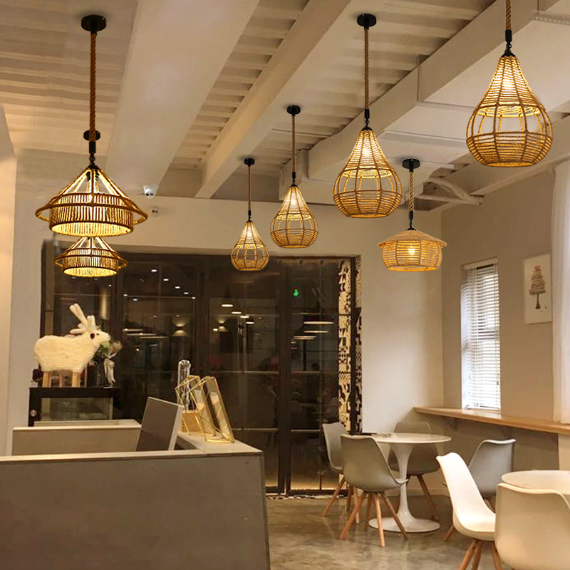 Retro estilo industrial cuerda de cáñamo lámpara cuerda hecha a mano bricolaje pantalla ropa restaurante personalidad creativa país cáñamo cuerda araña