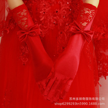 新娘手套结婚手套婚纱手套红色缎布有指加长手套秋冬婚礼短款手套