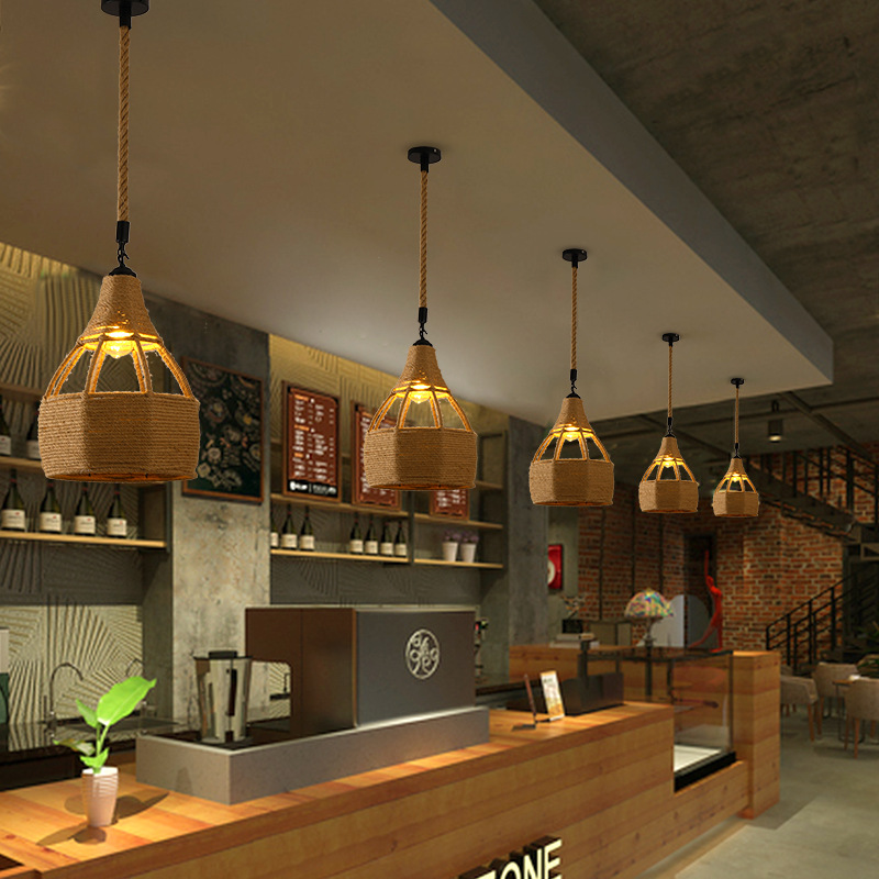 Lámpara de araña de estilo chino para comedor, dormitorio de estilo japonés, restaurante retro de estilo Zen, hot pot, iluminación con pantalla de hierro y cuerda de cáñamo al por mayor