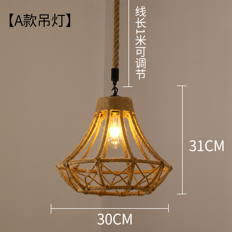 Lámpara de araña de estilo chino para comedor, dormitorio de estilo japonés, restaurante retro de estilo Zen, hot pot, iluminación con pantalla de hierro y cuerda de cáñamo al por mayor