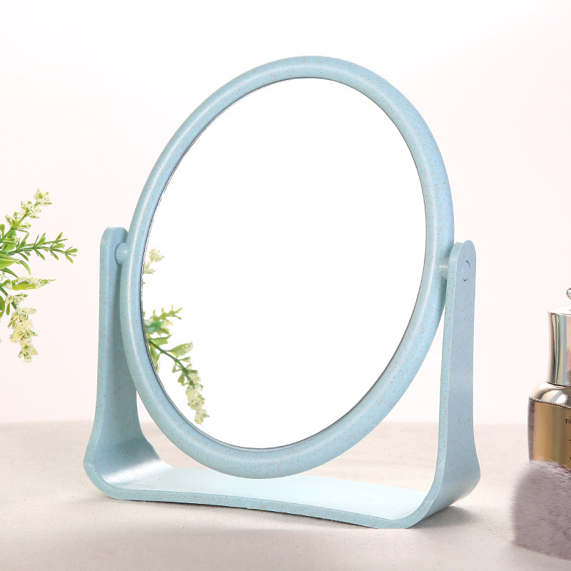 Espejo de maquillaje de escritorio de doble cara de paja de trigo, espejo femenino para uso doméstico, se puede colocar de pie, adecuado para estudiantes de dormitorio, espejo de tocador para mejorar la belleza.