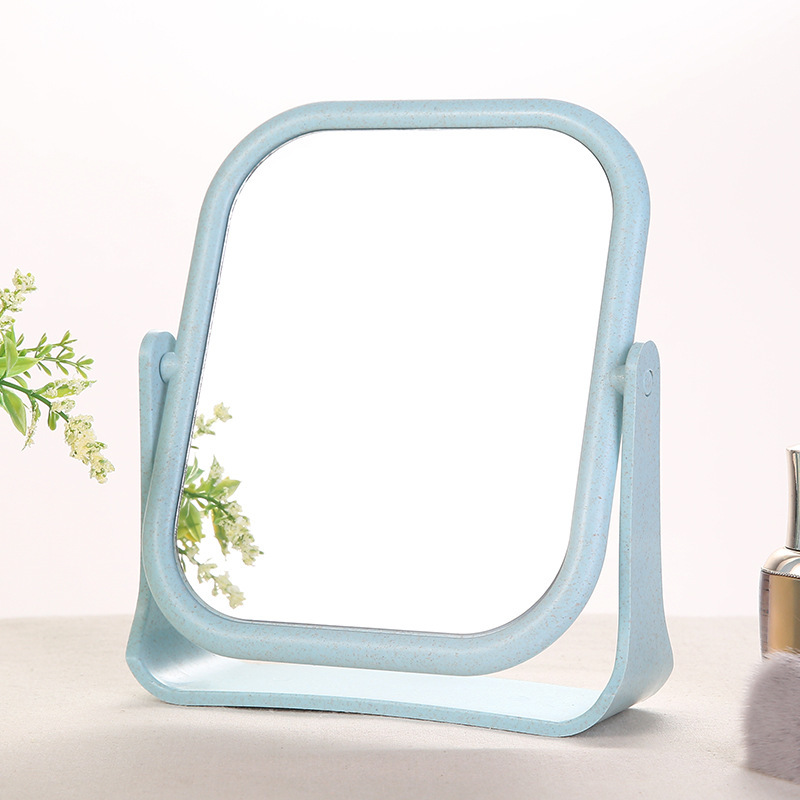 Espejo de maquillaje de escritorio de doble cara de paja de trigo, espejo femenino para uso doméstico, se puede colocar de pie, adecuado para estudiantes de dormitorio, espejo de tocador para mejorar la belleza.