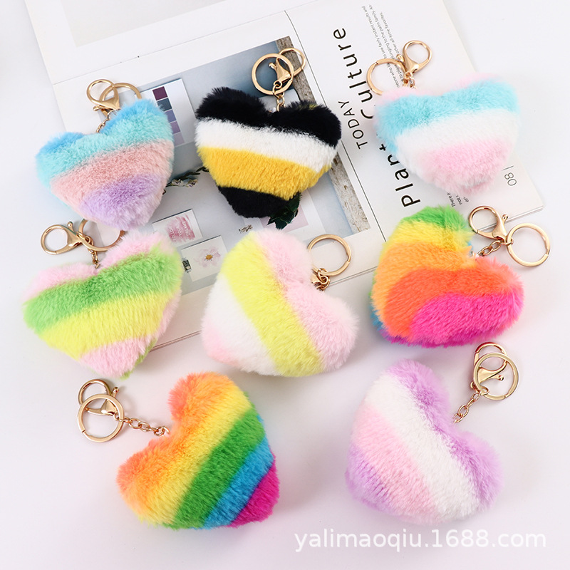 Llavero colgante de pompón de peluche en forma de corazón de melocotón, colgante de piel de conejo para parejas, accesorios para bolsos/coche