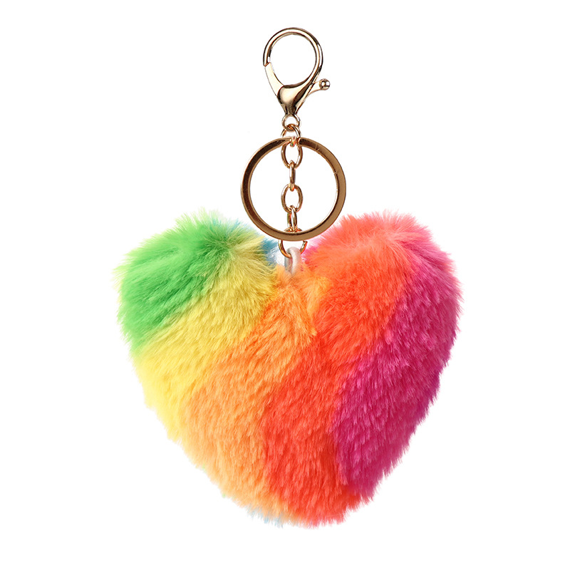 Llavero colgante de pompón de peluche en forma de corazón de melocotón, colgante de piel de conejo para parejas, accesorios para bolsos/coche