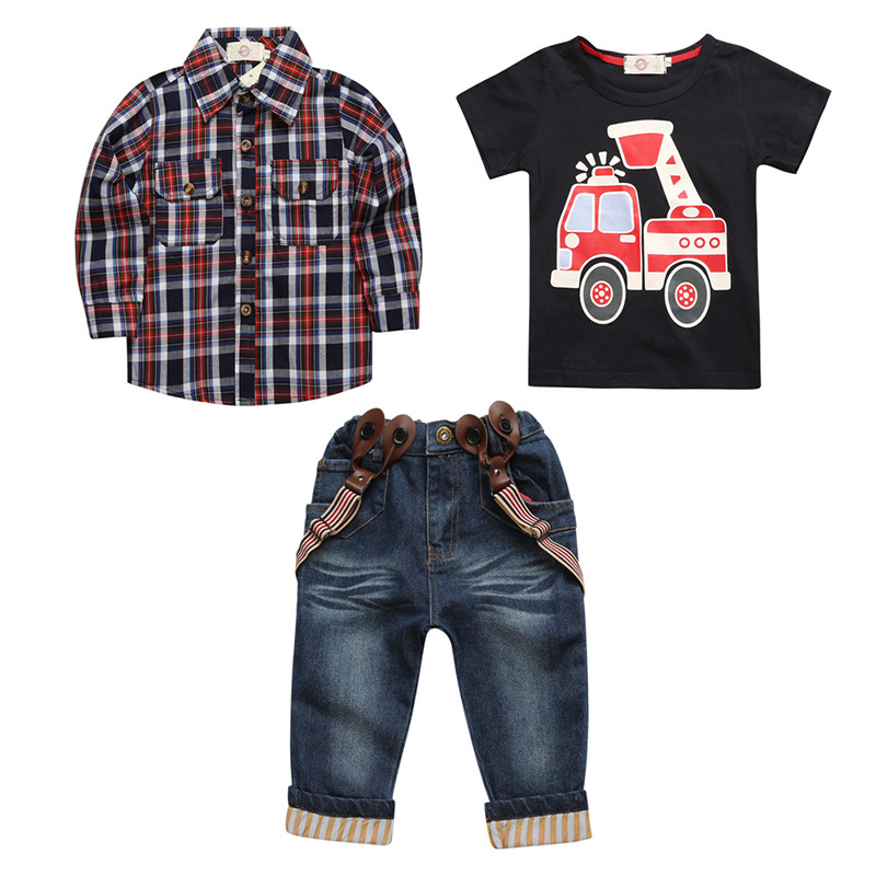 Children's clothing spring and autumn Europe and the United States Fan boys car lattice shirt T-shirt jeans three-piece suit factory wholesale agent