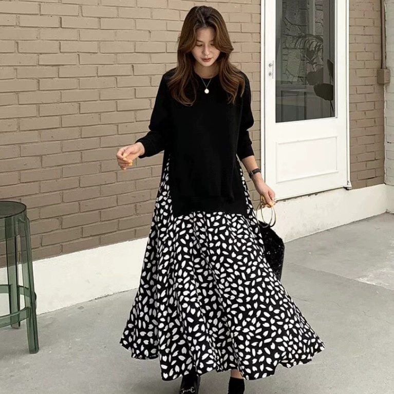 Новое осеннее платье-свитшот 2025 года в корейском стиле, с длинным рукавом, средней длины, имитация двухслойного платья