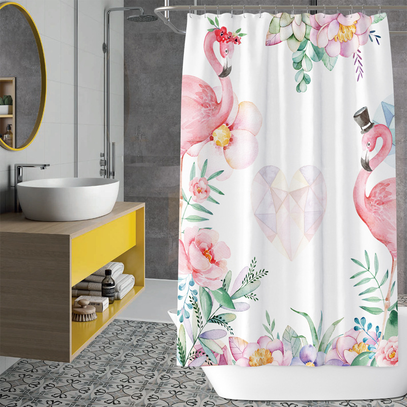 Exklusiv für den grenzüberschreitenden Handel: Duschvorhang mit Flamingo-Motiv, wasserdicht und schimmelresistent, für Badezimmer und Hotels._voghion.com