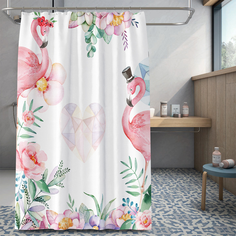 Exklusiv für den grenzüberschreitenden Handel: Duschvorhang mit Flamingo-Motiv, wasserdicht und schimmelresistent, für Badezimmer und Hotels._voghion.com
