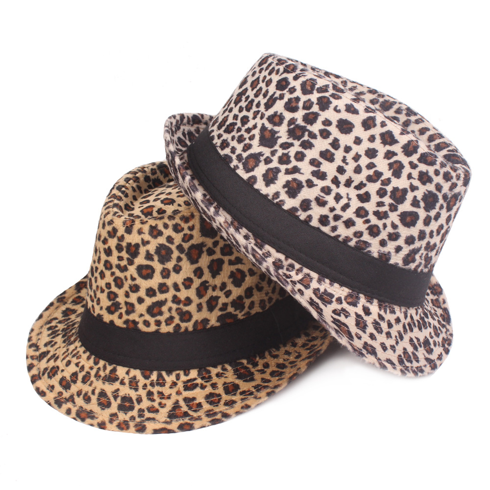 Sombrero de leopardo con estampado de leopardo para hombres y mujeres Sombrero de jazz Sombrero de comercio exterior europeo y americano Sombrero de otoño e invierno con estampado de leopardo pequeño sombrero de alto rendimiento en el escenario
