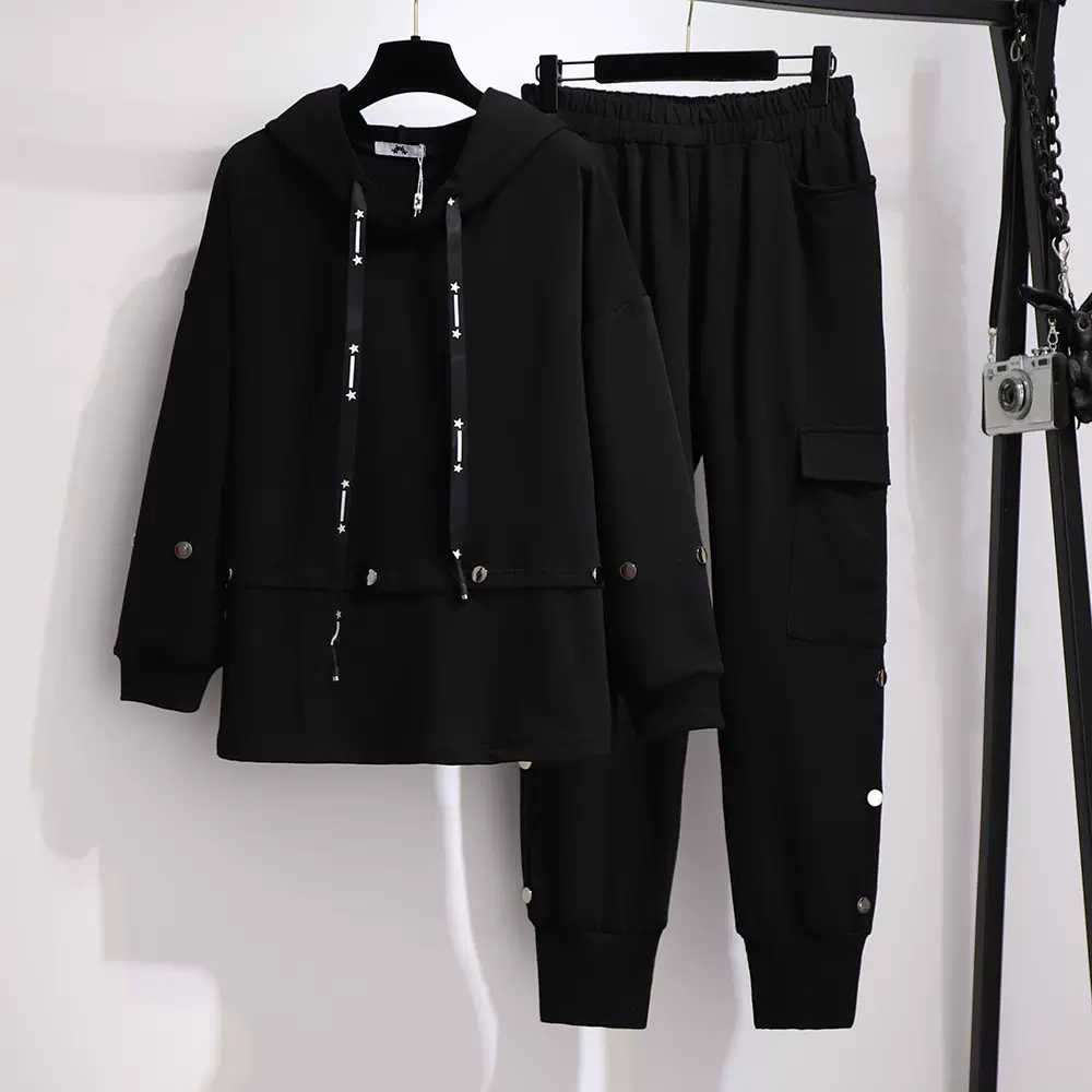 300斤大码女装胖妹妹mm2024秋卫衣休闲裤两件套加绒加厚洋气套装