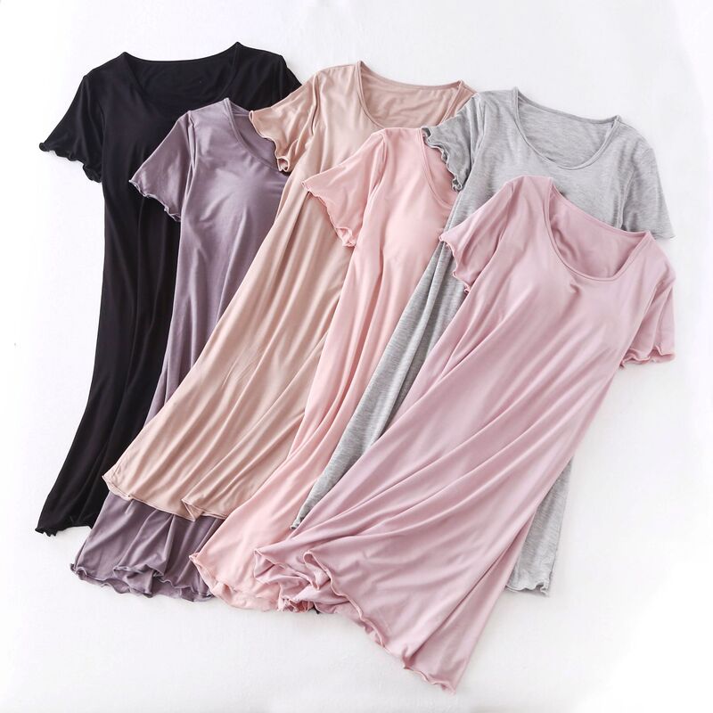 Modal Short-sleeved Nightdress with Chest Pad Pajamas Non-bra Thin Large Size Ruffled Dress Women's Summer Home Clothes Modal Short-sleeved Nightdress with Chest Pad Pajamas Non-bra Thin Large Size Ruffled Dress Women's Summer Home Clothes