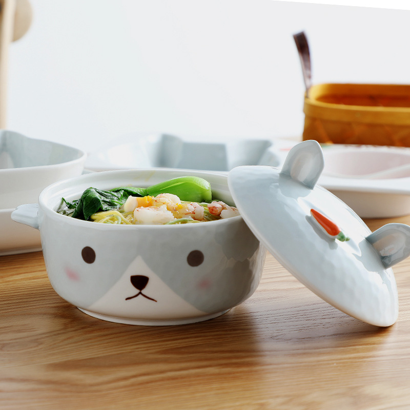 Serie de cocina lindo animal tazón de fideos instantáneos tazón de arroz de cerámica de doble oreja de gran capacidad tazón de fideos antiquemaduras para niños tazón de sopa de arroz