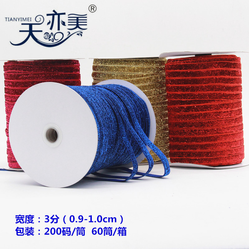 Cinta de terciopelo de color Tianyimei de 0.6-3.8cm en stock, cinta de terciopelo tipo "ganso" con hilo metálico, pequeña cinta de terciopelo estilo Chanel para accesorios.