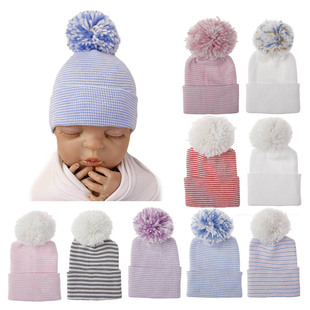 Double-layer thickened newborn hat baby striped knitted pullover cap autumn and winter cute ball fetal cap 0-3 months